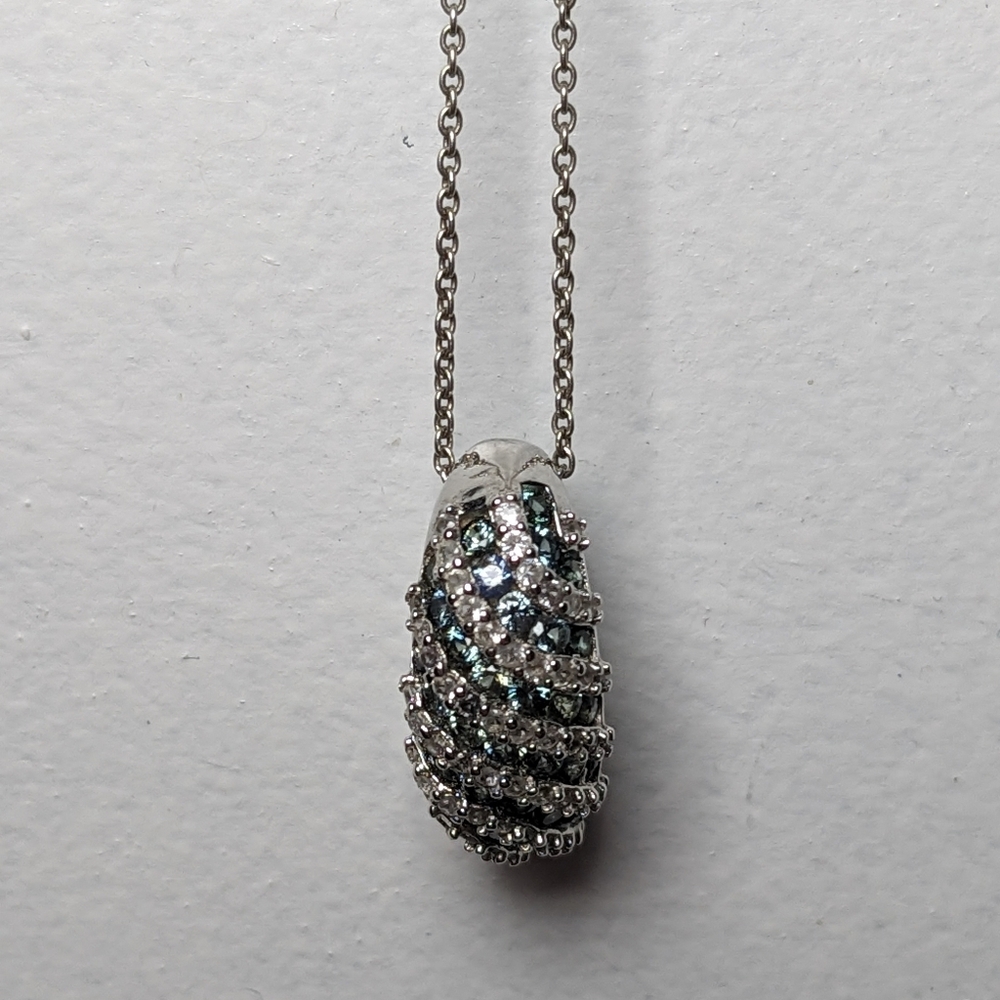 New Sterling Silver Natural Sapphire & White Topaz Pendant Necklace  17” 925